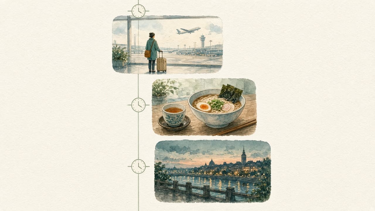 공항, 식사, 저녁 산책이 하나의 세로 타임라인으로 이어진 이야기 일러스트